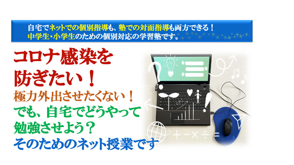 自宅でネットでの個別指導も、塾での対面指導も両方できる！中学生・小学生のための個別対応の学習塾です。